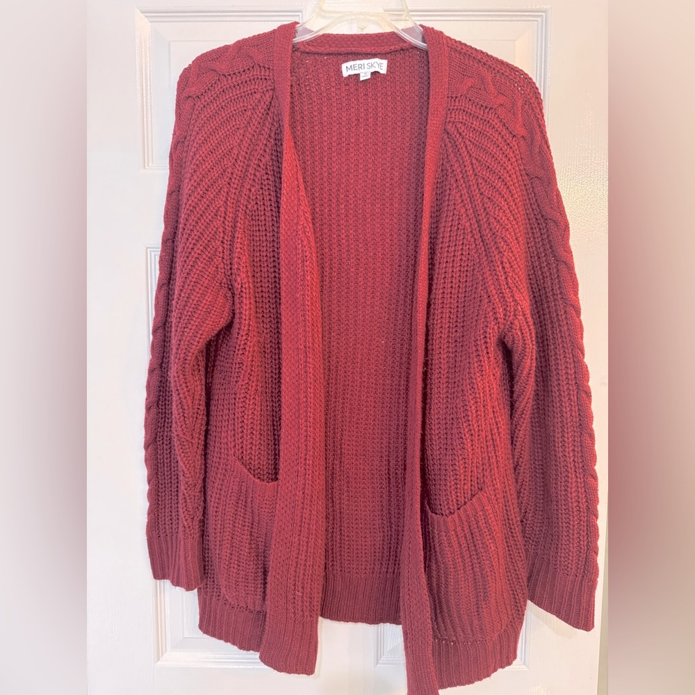 Meri Skye Cozy Cable Knit Open Cardigan Sweater - Burgundy